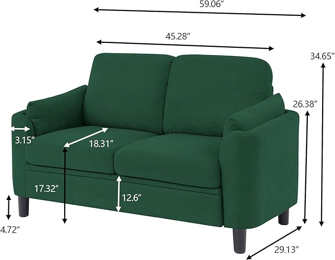 60 Small Loveseat Sofa Mid Century Modern Love Seat Couch with Back Cushions and Wood Legs 2 Seater Couches for Living Room Bedroom Small Spaces (Green)