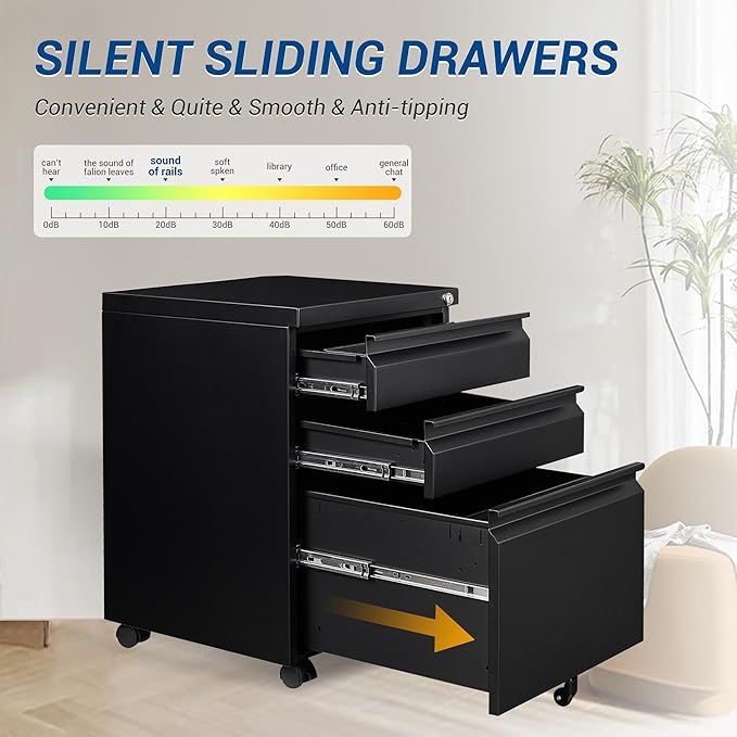 3 Drawer Mobile Metal File Cabinet Black Filling Cabinets with Lock Pre-Built Office Storage File Cabinet with Wheels Under Desk - Assembled Required