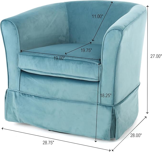 Upholstered Swivel Barrel Chair Blue Velvet Skirted Base Living Room Accent Seating 28.75 x 28 x 27 Inches