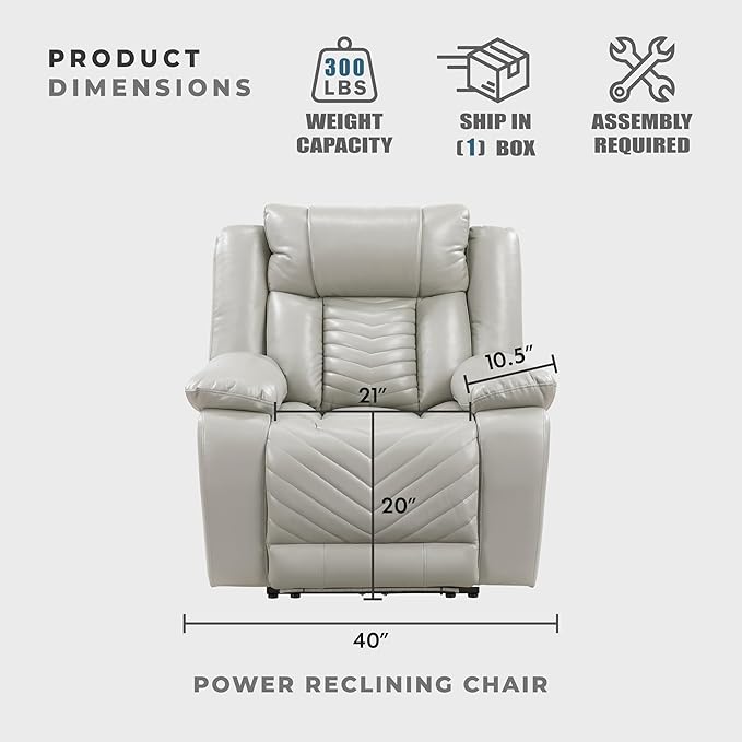 Lexicon Power Recliner Chair Faux Leather Upholstered Home Theater Seating with LED Lighting USB Charging Ports Single Wall Hugger Reclining Chair for Living Room/Bedroom Easy Assembly Gray