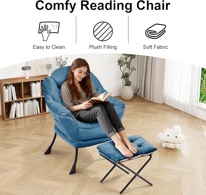 Lazy Chair with OttomanOversized Accent Chair with Thick Cushion Side PocketModern Lounge Arm Reading Chair and Folding Footrest for Living RoomBedroomOfficeDormApartment Blue