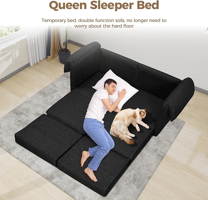 FHFO 65 Loveseat Sleeper Couch for Small Spaces 3 in 1 Pull Out Sofa Bed Convertible Sleeper Sofa Comfy Sofabed for Living Room Bedroom Apartment (Black)