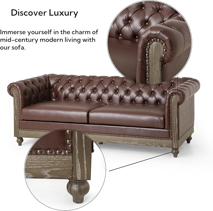 Merax PU Chesterfield Sofa Retro Style Upholstered 3 Seater Leather Couch Rolled Arm for Living Room Bedroom Office Dark Brown