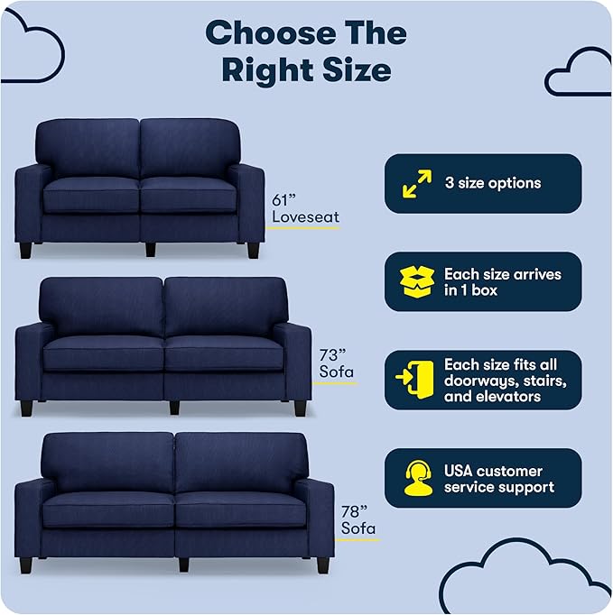 Serta Palisades 61 Track Arm Sofa Easy Care Polyester Soft Pillow Back Pocket Coil Seat Cushions Removable Covers Loveseat or Couch for Small Spaces Living Rooms or Bedrooms Navy Blue