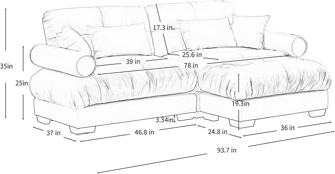 93.7 Oversized Modular Sectional Sofa 2-Seater L-Shaped Loveseat Cloud Couch with Ottoman and Pillows Deep Seat Comfy Velvet Sofa for Living Room Home Theater or Apartment Olive Green