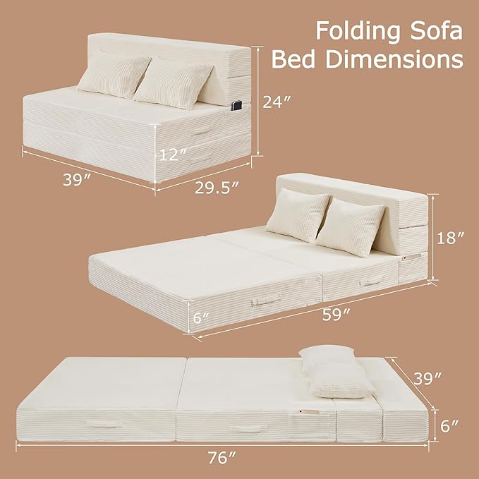Folding Sofa Bed 4 in 1 Convertible Sleeper Chair with Pillow Twin Memory Foam Fold Out Chair Bed Modern Floor Futon Sofa Couch Mattress for Living Room/Guest/Apartment Beige | Fold out chair bed