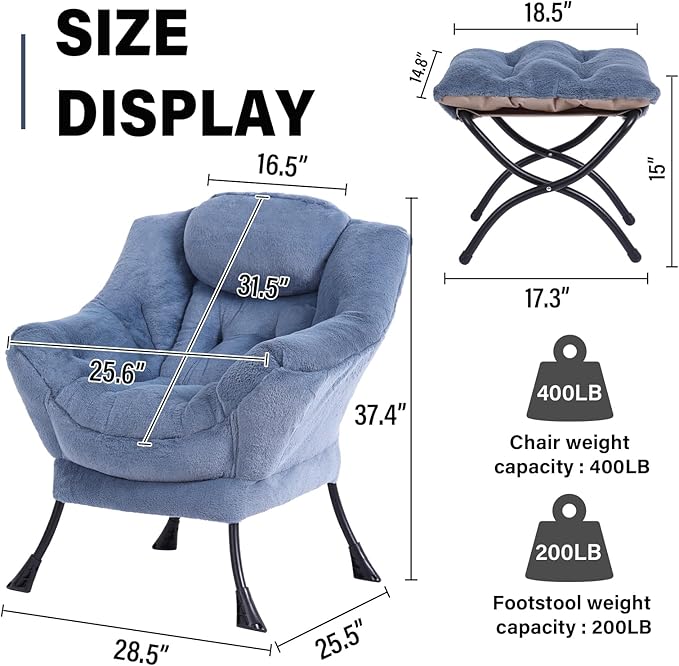 Lazy Chair with Ottoman Modern Accent Chair Contemporary Lounge Leisure Sofa Chair with Armrests Reading Chair and Folding Footstool Set for Living Room Bedroom Office Velvet Black