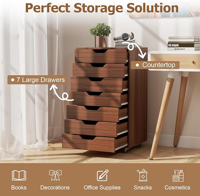 7 Drawers Filing Cabinet Vertical File Cabinet for Home Office Mobile Under Desk Office Storage Cabinets with Wheels (Walnut)
