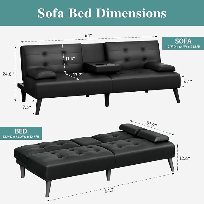 Meilocar 64 Futon Sofa Bed Convertible Loveseat with 2 Cup Holders Small Couch with 3 Adjustable Angles &amp Removable Armrest Modern Sleeper Sofa for Apartment Office (PU Leather Black)