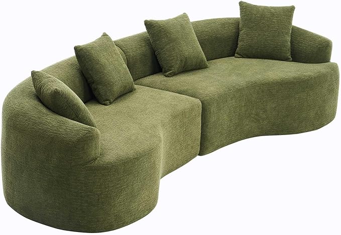 110 Green Curved Boneless Couch with Cushions Modern Cloud Sofa for Living RoomChenille Sectional Minimalist Deep Seat Luxurious No Assembly
