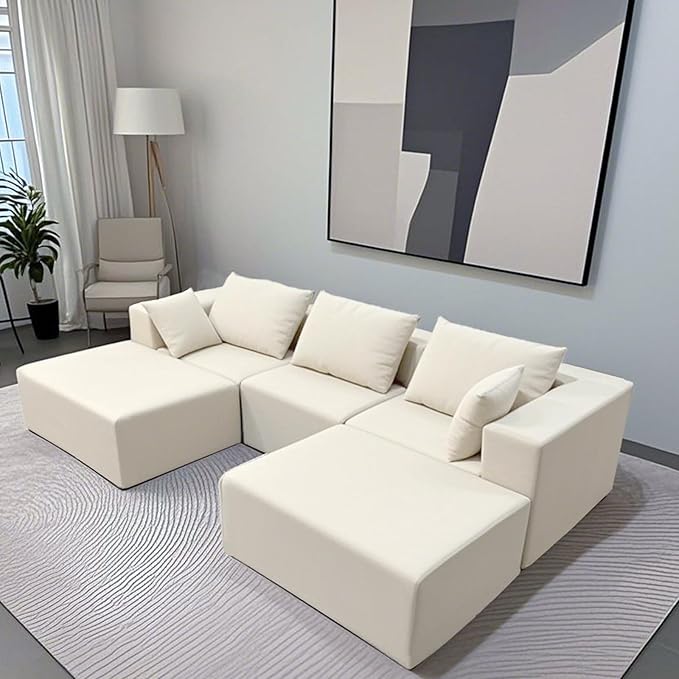 Modern Modular Sectional Sofa 110 Inch Comfy 3 Seater U-Shaped Cloud Couch with 2 Movable Ottomans Chenille Boneless Sofa Couch with Deep Seat for Living RoomNo Assembly RequiredWhite