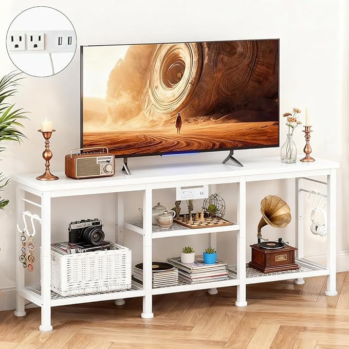 LUCKLIFE TV Stand with Charging Station for TVs up to 55 InchRustic Wood Entertainment Center with 3-Tier Storage ShelvesModern TV Media Console Table with 4 Hooks for Living RoomBedroom(White)