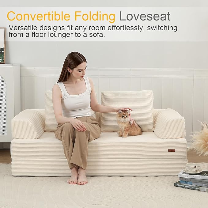 COMAX Convertible Sofa Bed Folding Floor Couch Corduroy Fold Out Couch Bed Futon Sleeper Mattress with Pillows Boneless Sofa Comfy Lounge Loveseat for Living Room Bedroom Beige