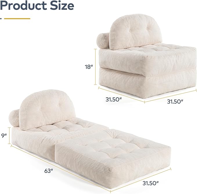 Folding Sofa Bed Convertible Sleeper Chair with Pillow Foldable Mattress with Back Support Portable Fold Out Chair Bed Comfy Floor Sofa Lounge for Living Room Bedroom (Beige)