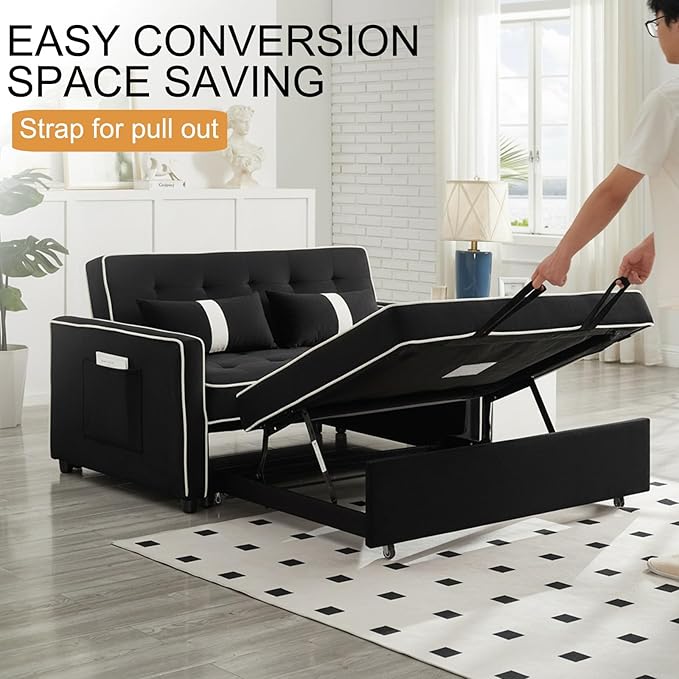Loveseat Sleeper Sofa 3 in 1 Convertible Sofa Bed Adjustable Backrest Comfy Pull Out Couch Modern Upholstered Sofa for Living Room Bedroom Apartment Small Space (Black 1)