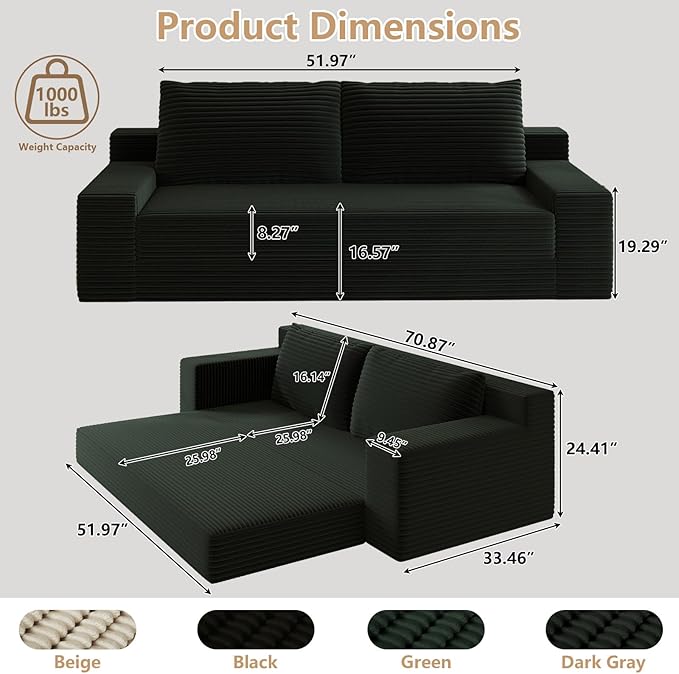 Cloud Loveseat Sofa Modern Corduroy 2-Seater Couch with Deep Seat No Assembly Required Memory Foam Sofa Boneless Sofa in a Box for Bedroom Apartment OfficeSmall Space (Dark Grey70.87in)