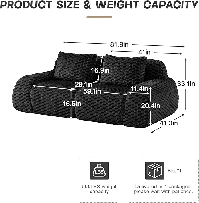 82'' Boneless Couch Modular Sectional Sofa Oversized 2-Seater Couch with Buckle Connection Anti-Slip Design Flannelette Fabric Loveseat Small Sofa Couches for Living Room (Black 2 Seat)
