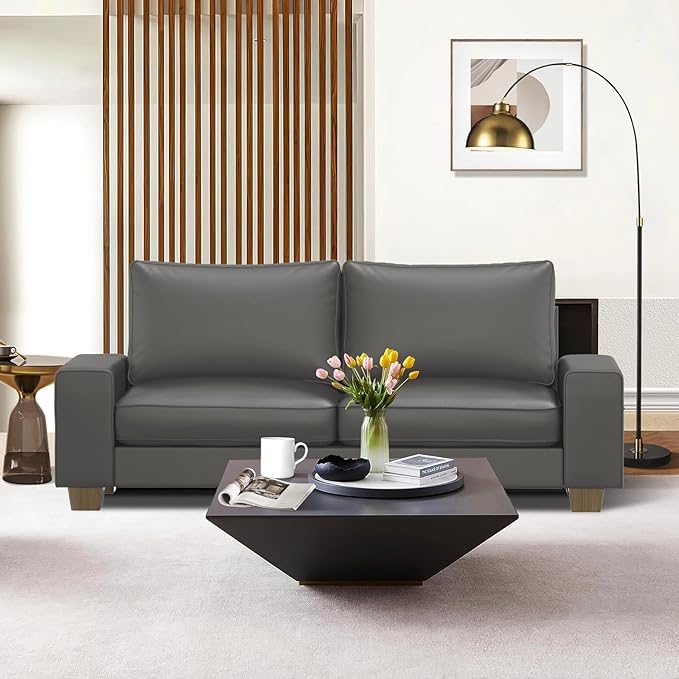 Faux Leather Couch Mid Century Modern Comfy Loveseat Sofa with Wide Arm Side Pockets Solid Wooden Frame for Office Living Room and Bedroom 2 Seater (Gery 71.25 Inches)