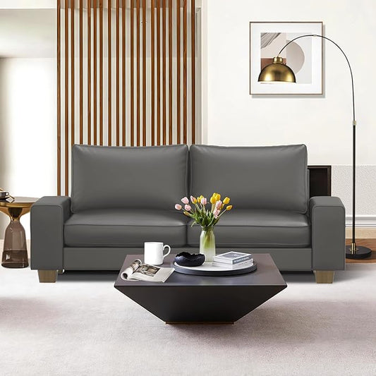 Faux Leather Couch Mid Century Modern Comfy Loveseat Sofa with Wide Arm Side Pockets Solid Wooden Frame for Office Living Room and Bedroom 2 Seater (Gery 71.25 Inches)