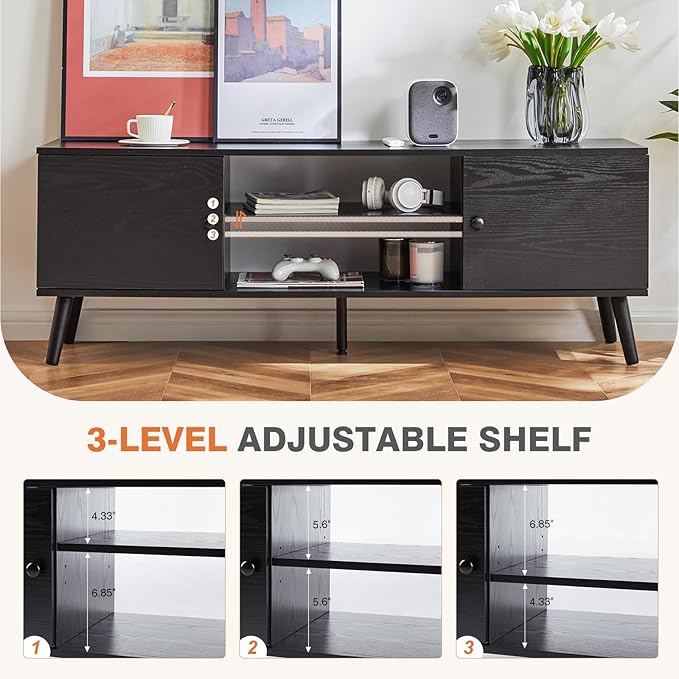 Sweetcrispy TV Stand for 55 60 inch TV Modern Mid Century Entertainment Center with Storage Media Console Table 2 Cabinet Soft Hinge Handle Door Wooden Living Room Office Furniture Black