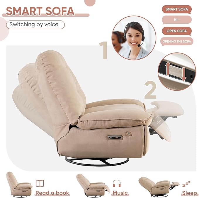 Smart Oversized Electric Recliner Chair 360° Round Swivel Rocking Glider Rocker for Adults Modern Comfy Ergonomic Chaise Lounge Indoor Theater Seating Living Room Chairs Reading Soft Camel Fabric