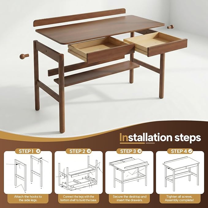 Solid Wood Study Desk &amp Home Office Writing Table with Drawers 47 Vintage Mid Century Modern Computer Desk Home Office Workstation for Bedroom Small Spaces Apartment(Walnut47.2 Inch Wide)
