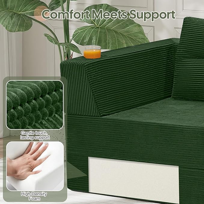 COMAX Futon Sofa Bed 3 Seater 106 Convertible Sofa Bed Couches for Living Room 4 in 1 Folding Boneless Sleeper Corduroy Couch Foam in a Box Comfy Foldable Lounge Fold Out Floor Mattress Green