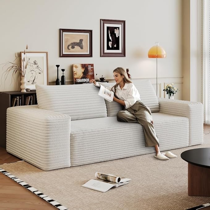 71 Cloud Compressed Sofa Corduroy Fabric Loveseat Deep 3 Seat Boneless Couch No Assembly for Living Room Bedroom Conference Room Apartment (White-71)