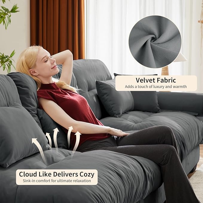130 Large Sectional Couches for Living Room Cloud Modern Modular Deep Seat Sofa Set Comfy Couches with 2 Ottomans Velvet Fluffy 3 Seater Sofas for Bedroom Apartment U Shaped Grey