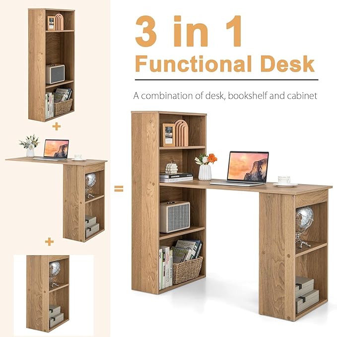 LDAILY Computer Desk with Bookshelf 48” Modern Office Desk w/ 6-Tier Storage Shelves CPU Stand Wider Base 3-in-1 Reversible Study Table Writing Desk for Home Office Bedroom Study Room (Natural)