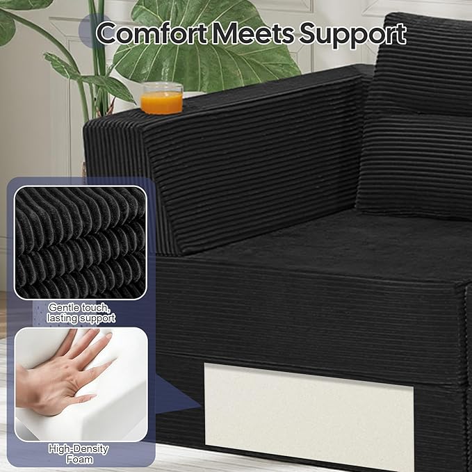 COMAX Futon Sofa Bed 3 Seater 106 Convertible Sofa Bed Couches for Living Room 4 in 1 Folding Boneless Sleeper Corduroy Couch Foam in a Box Comfy Foldable Lounge Fold Out Floor Mattress Black