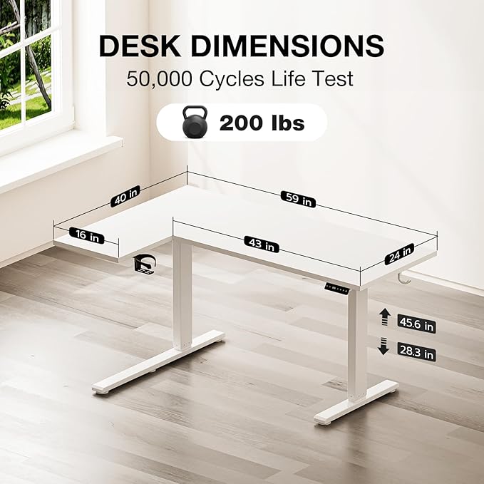 Muvai L Shaped Standing Desk with Cable Management Tray 59 Inch Height Adjustable Electric Standing Corner Desk Sit Stand Up Work Table for Home Office Gaming with Reversible Splice Board White