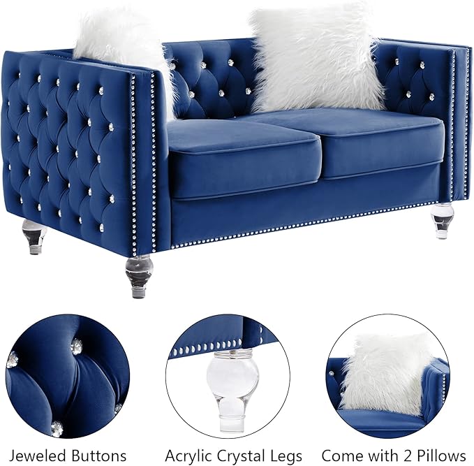 mikibama Velvet Loveseat with Buttons and Square Arms 59 Inch Tufted Sofa with Trimmed Nailhead and Acrylic Legs Loveseat Couch for Living RoomBedroom (Navy Blue-Crystal Legs Loveseat)