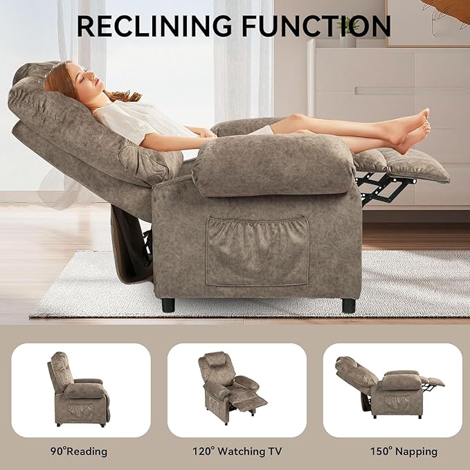 Pushback Massage Recliner Chair with Heat Fabric Heated Small Massaging Reclining Chair Single Sofa for Adults Overstuffed Push Back Manual Recliner for Living RoomBrown