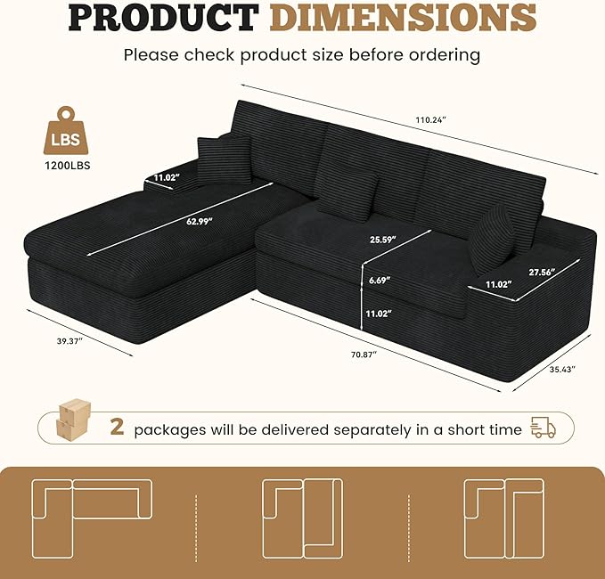 112 Modular Sectional Sofa for Living Room Convertible L-Shape Couch with OttomanCloud Boneless Couch with Layered CushionBlack Corduroy