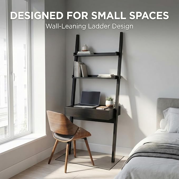 Home Office Desk with Ladder Shelf &amp Drawer Computer Writing Desk with Storage Shelves Modern Small Desk for Bedroom Study