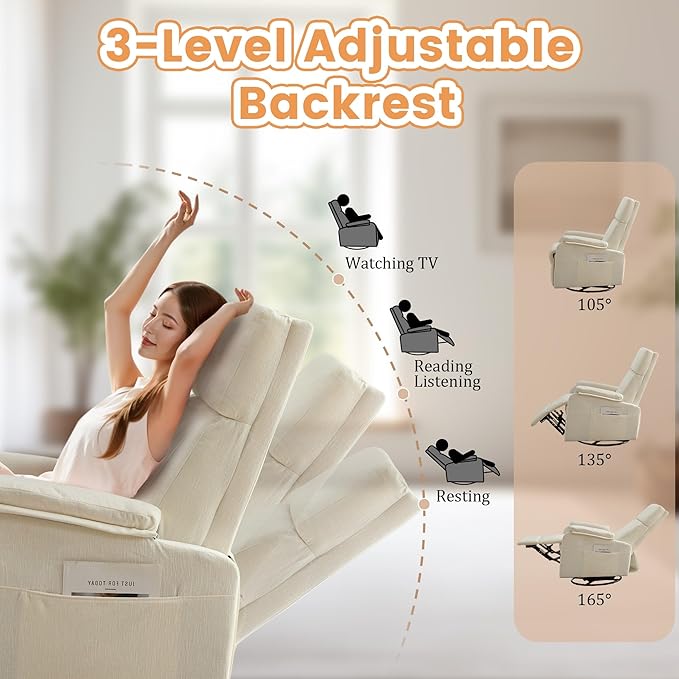 Swivel Rocking Recliner with Massage Small Glider Chair for Nursery Modern-Designed Armrests Chair for Adults Living Room Chenille Beige