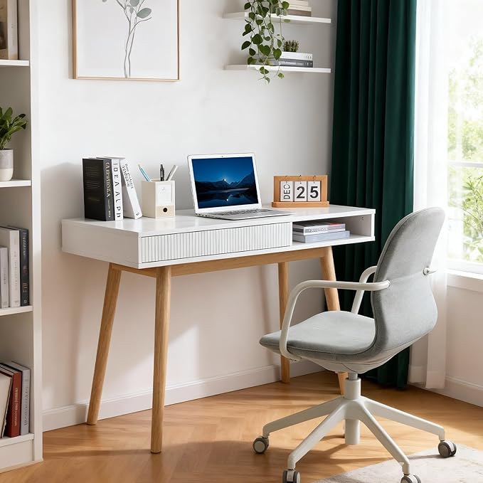Artswish 42 Wood Modern Office Desk with Drawer Simple Writing Desk for Home White