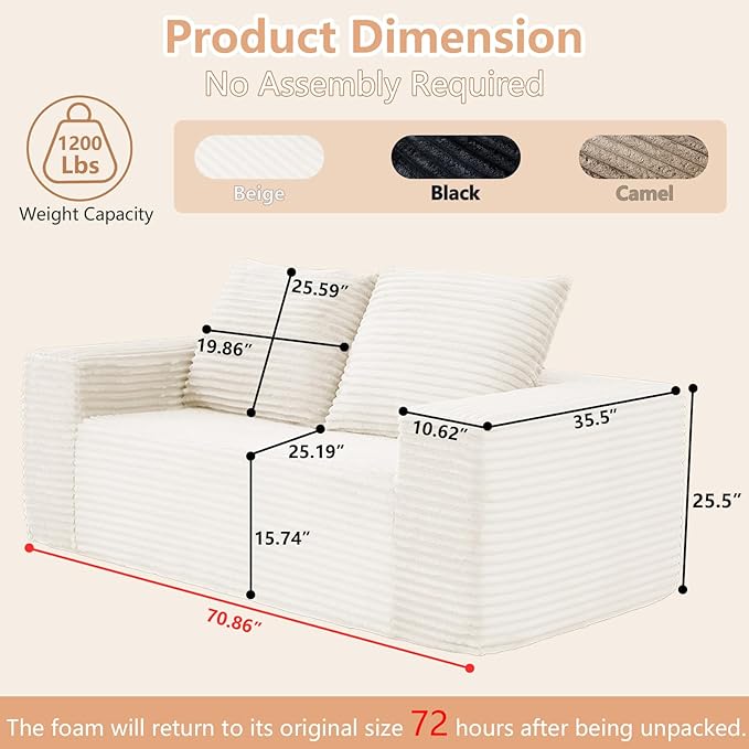 71 Boneless Couch Loveseat Sofa Comfy Deep Seat Cloud Couch Memory Foam No Assembly Required Floor Sofa for Living Room Bedroom Apartment Small Spaces Corduroy White