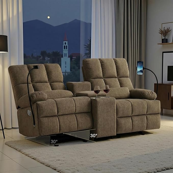 Recliner Loveseat Sofa with Rocker FunctionCat-Proof Rocking Reclining Loveseat with Phone Holder/USB/Type C RV Double Rocker Reclining Couch for Home TheaterLiving Room (Brown) | Rocker Function