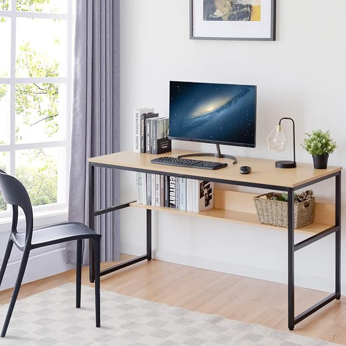 DORTALA 55 Industrial Computer Desk Contemporary Writing Table w/Storage Shelf Large Tabletop Sturdy Metal Structure Adjustable Foot Pads