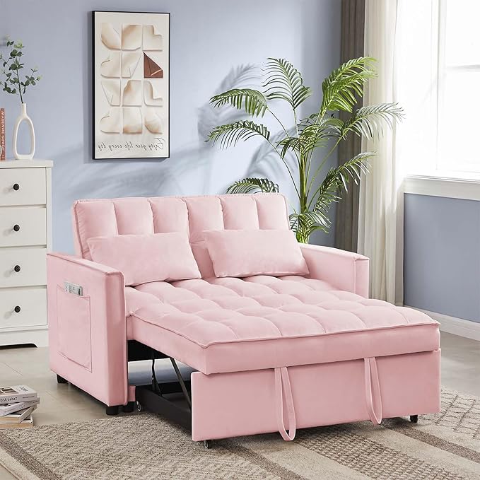 Sleeper Sofa Couch w/Pull Out Bed 53 Modern Velvet Convertible Sleeper Sofa Bed Small Love seat Sofa Bed with 2 Pillows &amp Side Pockets for Small Space Living Room Apartment Pink