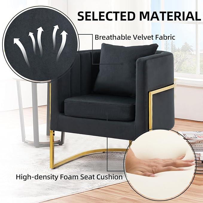 X-VOLSPORT Velvet Accent Chair in Black Modern Barrel Arm Chair for Living Room/Bedroom/Guest Reception Upholstered Club Armchair with Pillow &amp Gold Base