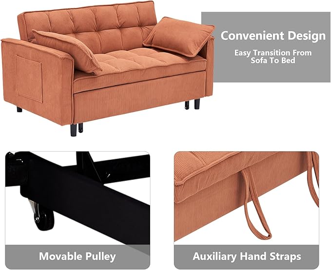 3 in 1 Convertible Sleeper Sofa BedFuton Loveseat Couch with Pull-Out Bed &amp Adjustable BackrestVelvet Fabric Sofa with Side Pocket for Small Apartment Living Room Office (Orange)
