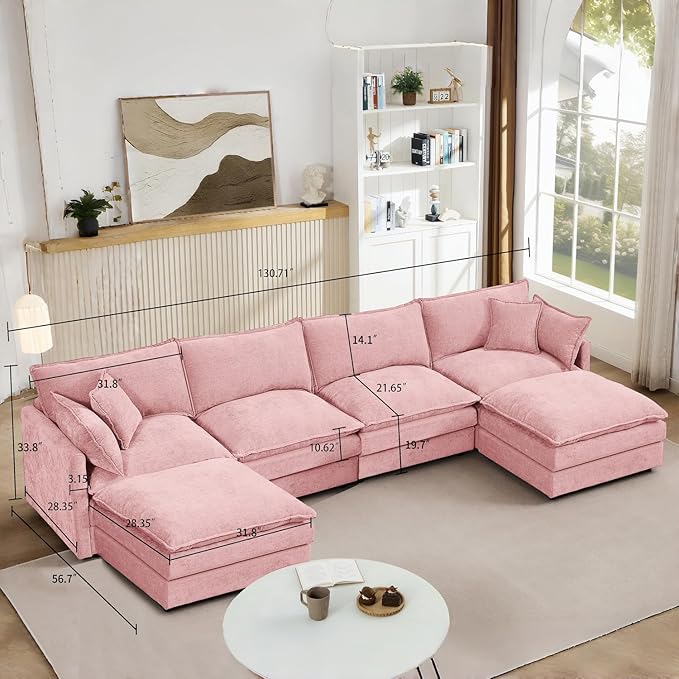 130 Pink Modular Sectional Sofa with Movable Ottoman Convertible L Shaped Chenille Cloud Couch Oversize Comfy 4-Seater Deep Seat Sofa Couches for Living Room Apartment (Pink 130)