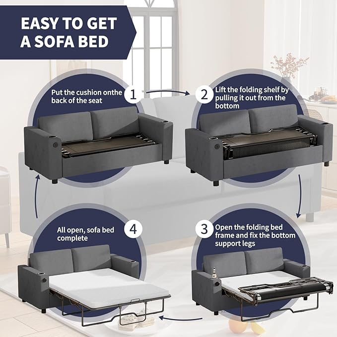 80'' Pull Out Sofa Bed 2 in 1 Sleeper Sofa with Cup Holder &amp USB Charging Ports Queen Size Guest Bed with Memory Foam Mattress Convertible Couch for Small Spaces - Dark Grey