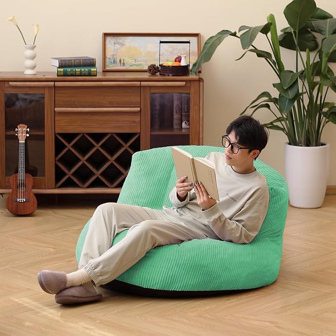 N&ampV Large Crescent Bean Bag Chair Adult Size Bean Bag Sack Foam Filling Soft Premium Corduroy Bean Bag for Living Room Bedroom Dorm and Office (Mint)