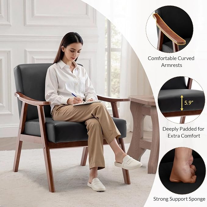 Rovibek PU Leather Accent Chair with Arms - Mid Century Modern Accent Chairs with Wood Frame Upholstered Arm Chairs with 5.9in Thick Foam Black Occasional Chair