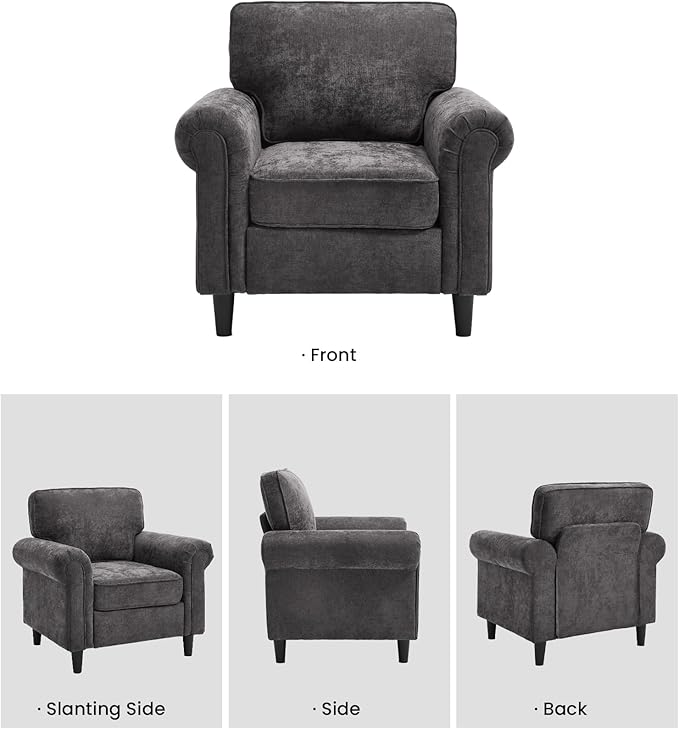 Kingfun Living Room Arm Chair Modern Accent Chairs Cloud Single Sofa Spring Seat Cushion Comfy Lumber Pillow Chenille Fabric Removable Cover Soft Upholstered Furniture Home Apartment Grey