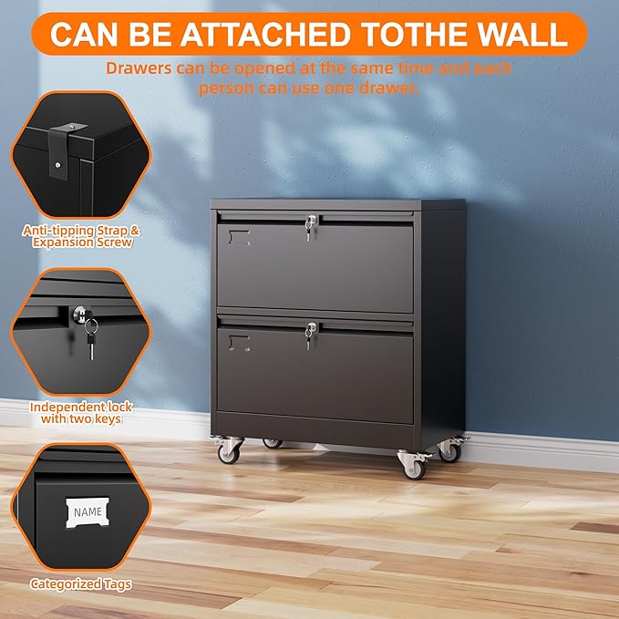 METAN Upgrade 2 Drawers Lateral File Cabinet on WheelsSteel Office Filing Storage Cabinet with 2 LocksAssembly RequiredBlack